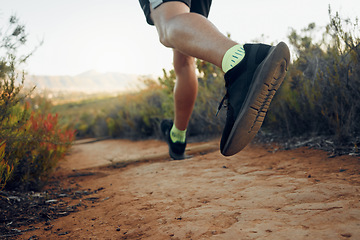 Image showing Fitness, shoes and runner in sports motivation for health exercise, workout and trekking in the nature outdoors. Shoe of active athlete in mountain running for healthy wellness and sport training