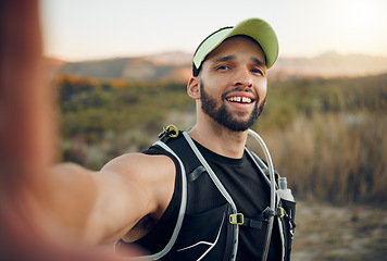 Image showing Fitness travel, hiking selfie or sports man in forest or nature for social media, internet or blog in Singapore. Health, wellness or runner happy for exercise, training or workout for marathon event