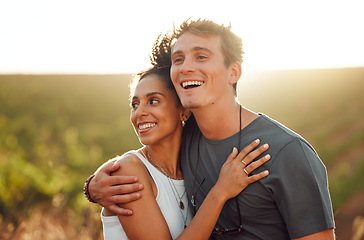 Image showing Love, countryside and couple smile, smile and bonding together on a sunny wine farm field and nature agriculture. Interracial, summer and happy man and happy woman on a travel vacation trip in Italy