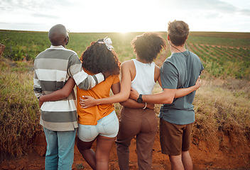 Image showing Vineyard, ecology and travel people hug on sustainability farm for nature journey, countryside experience or outdoor adventure lifestyle. Group friends care for ecology, agriculture and earth day