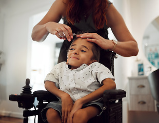 Image showing Haircut, child with cerebral palsy and hairdresser visit with a smile in inclusive salon. Happy kid with a health condition getting a trim from a beauty therapist and professional feeling happiness