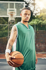 Image showing Basketball portrait, sports game and man training for professional fitness event on court during summer. African athlete with determination doing cardio during sport exercise for competition