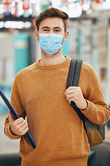 Image showing University student and covid portrait of man with face mask protection for virus transmission. Responsibility and respect of guy with corona cover for infection prevention at college campus.