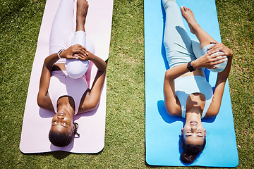 Image showing Workout, stretching and women on grass yoga for fitness, relax workout or zen exercise in nature. Friends, people or ladies start pilates training, chakra energy wellness or mental health peace