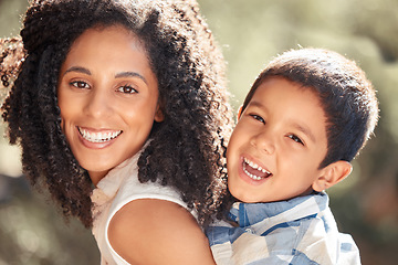 Image showing Happy kid, mom and mothers day at park outdoors for love, relax and fun together in Colombia. Smile parent piggyback laughing boy child for happiness, quality time and care in sunshine summer garden