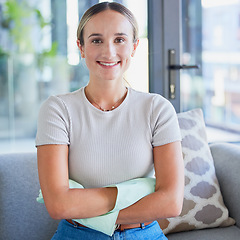 Image showing Portrait of cleaning woman with gloves in living room happy, smile and satisfied after interior housekeeping of home. Cleaning service, arms crossed and cleaner with pride after apartment maintenance
