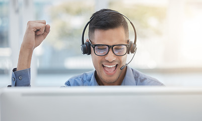 Image showing Success, sales man and call center celebration, winner fist and target bonus computer in modern office. Happy telemarketing consultant celebrate achievement, trading deal and desktop trader service