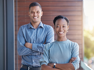 Image showing Team, leadership and diversity portrait of motivation with happy business people with arms crossed on a balcony. Woman and man working together for collaboration, innovation and vision for success