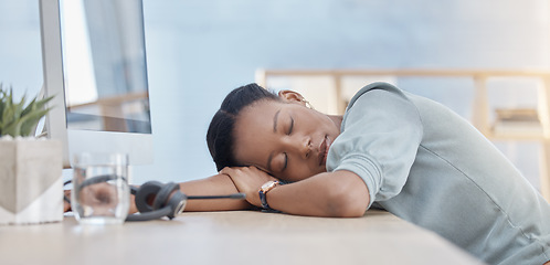 Image showing Burnout, call center and sleeping with black woman at desk from overworked, tired and stress. Customer support, consultant and telemarketing with employee at computer exhausted, lazy or resting