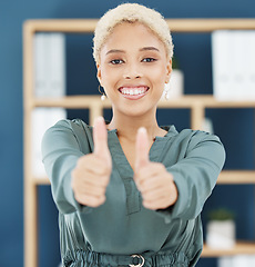 Image showing Thumbs up, success and work support hand sign worker in a office of a happy business woman. Portrait of winner motivation, thank you and proud win hands gesture with a smile and corporate happiness