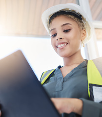 Image showing Construction, manager and black woman worker with a tablet logging data and information. Building boss, digital and internet work of a management leader using technology for architecture planning