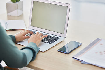 Image showing Woman hands, laptop mockup and typing, planning and working receptionist desk in modern office. Closeup keyboard, secretary and business employee email, online research and internet website connect