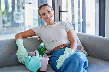 Image showing Sofa, cleaning service and business woman in portrait with cleaner product basket and house living room work with home trust. Entrepreneur, small business owner or startup for clean success career