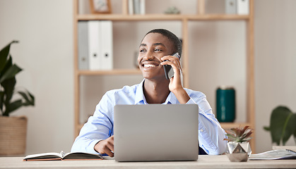 Image showing Happy businessman on a phone call while working on a laptop at the desk in his office. Corporate, professional and company manager smile while networking on mobile conversation with 5g technology