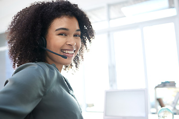 Image showing Customer service, call center and smile with woman consultant working with laptop and mockup for telemarketing, communication and contact. Vision, support and goals with sales and employee in office