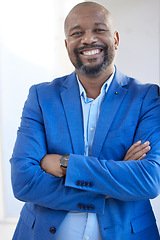 Image showing Business ceo, black man leadership and portrait in blue suit, corporate company and happy job manager in Jamaica. Smile african entrepreneur, mature startup boss and professional executive management