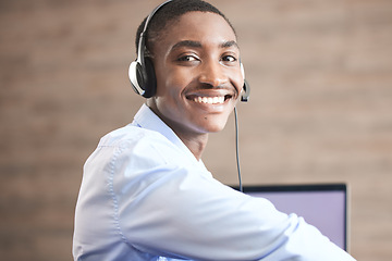 Image showing Contact us customer support and black man web help worker on an office internet consultation. Portrait of a happy call center telemarketing consultant employee working on a digital crm consulting