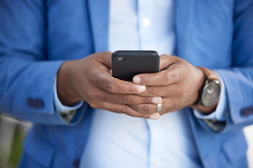 Image showing Zoom of hands, businessman with phone or 5g network for networking, communication or typing email text or message. Chicago, mobile or smartphone for contact us search, internet or social media app.