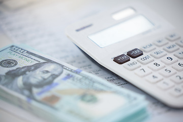 Image showing Finance, money and calculator with cash on an accounting desk in an office from above. Wealth, savings and investment with dollar currency on a table for growth, inflation or stock in the economy