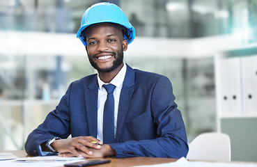 Image showing Engineer, architect or construction businessman portrait with helmet, safety gear for office building planning. Trust, expert and black man manager or contractor with company project development