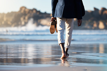 Image showing Relax, beach and man walking with shoes in hand for peace, travel and wellness on vacation. Health, travel or summer with feet of guy step in the sand for calm, nature and lifestyle on Brazil holiday