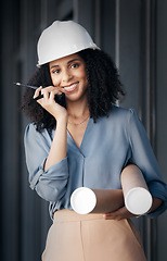 Image showing Engineer, black woman and walkie talkie with documents tube for engineering or architecture industry blueprints. Portrait, female smile and happy technician from Brazil with radio for communication
