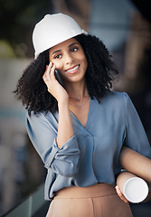 Image showing Architect, phone call and black woman talking on smartphone, holding blueprint with smile outside construction, architecture and engineering industry. Happy african female worker talking to contact