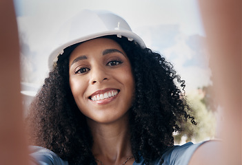 Image showing Architecture, engineering and black woman selfie portrait construction site, industrial building manager and property development. Happy face pov, smile and female contractor leader in safety helmet