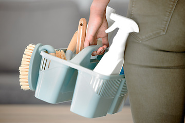 Image showing Cleaning tools, clean service and brush with hands holding basket with sponge and hygiene products. Mockup for ecofriendly detergent, domestic chores and cleaning service for janitor or maid working