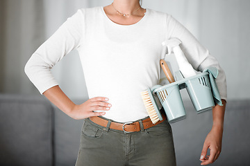 Image showing Woman, cleaning products and household supplies for housework or housekeeping with bucket with chemical disinfectant for home dirt. Female, cleaner or housewife ready to wash and hygiene clean house