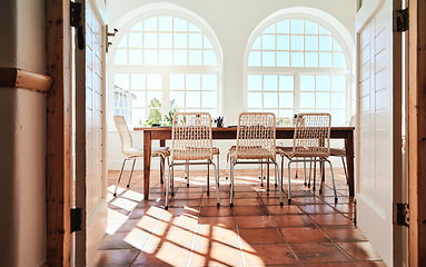 Image showing Restaurant, room and luxury table with furniture for fine dining, lunch or dinner with window for natural light mockup. Empty, living room and space for party, interior design or decor in sunshine