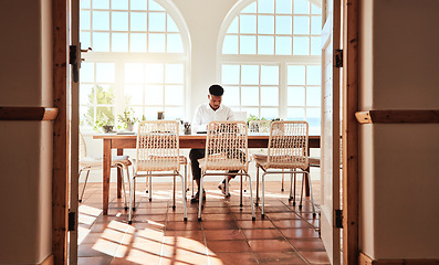 Image showing Working, man and alone at conference desk with notebook waiting for meeting in sunny office. Professional African worker preparation at empty boardroom table and workspace with sunshine.