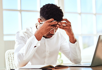 Image showing Headache, stress and businessman with burnout from work problem in office. Sad and tired corporate African employee with anxiety and depression while working on a project on internet with a laptop