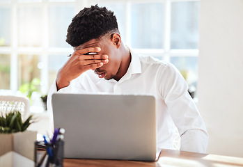 Image showing Burnout, headache and stress finance manager feeling sick, tired and anxiety about a financial problem at his startup company. Tired and frustrated professional businessman working at an office