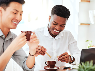 Image showing Business meeting, working and men with coffee and laptop in cafe. Diversity, black man and Asian man in coffee shop, smiling and drinking tea on social business venture for global startup company