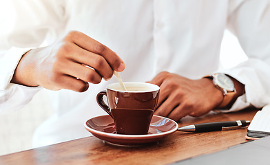 Image showing Coffee cup and business man at cafe taking break, relax and calm at table or desk. Stress relief, tired employee and entrepreneur think for ideas on lunch break, resting and enjoy hot beverage drink