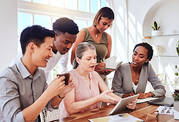 Image showing Management, teamwork and tablet with business people with manager working on meeting, planning or marketing strategy idea. Leadership, technology and communication with employees for goals in startup