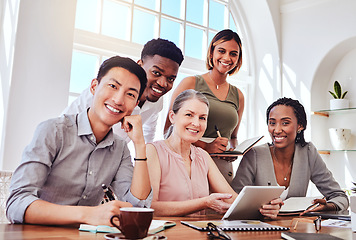 Image showing Diversity, team and business meeting for planning, research and strategy together in office at desk. Multiracial, brainstorm and group working on creative ideas, talking or conversation about project