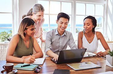 Image showing Creative startup, laptop and marketing strategy, planning and diversity team doing project, CRM agents with vision, plan or idea. Collaboration, teamwork and business men and women on SEO website