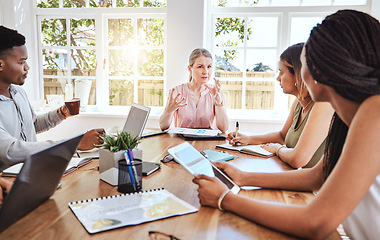 Image showing Business meeting, technology and people with documents for finance report, project proposal or marketing strategy planning. Leadership manager woman, staff digital crm in training workshop or seminar