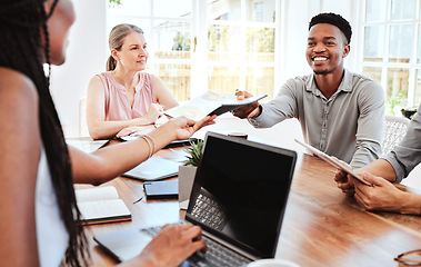 Image showing Documents, collaboration and business people in a meeting planning creative marketing, advertising and logo branding. Team, diversity and black woman giving a happy man portfolio report paperwork