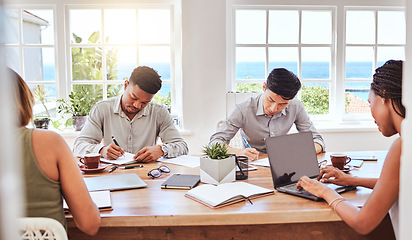 Image showing Meeting, people and diversity in office at table for strategy, vision and planning for business. Team, laptop and notebook on desk in collaboration, teamwork and business meeting at marketing company