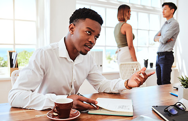 Image showing Black man, coffee and writing in communication in office, planning or marketing strategy notebook. Tea, relax and male talking, discussion or taking notes on startup ideas with coworkers in workplace