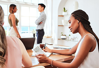 Image showing Tablet, writing and research with a black woman designer working at a desk in her office on a creative project. Design, search and idea with a employee at work on social media for digital marketing