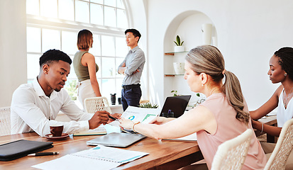 Image showing Business people, analytics and meeting for team collaboration or discussion of company data at the office. Group of analysts in teamwork planning, strategy and marketing conversation at a conference