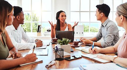 Image showing Black woman, presentation and meeting for business collaboration ideas in team discussion for marketing at the office. African American female talking to employee people in teamwork planning at work