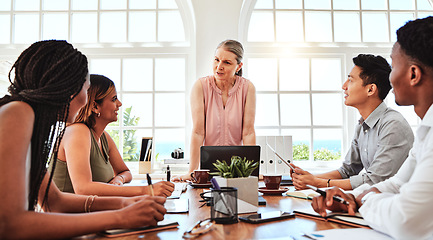 Image showing Business meeting, leader and diversity team listening to ceo, planning sales success strategy or working on brainstorming idea. Teamwork, collaboration and manager talking to employee group of people