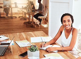 Image showing Business startup, planning and black woman in office with productivity, documents analysis and strategy brainstorming. Africa creative marketing manager with finance paperwork, proposal and notebook