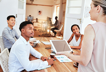 Image showing Startup meeting, business people and manager with tablet presentation for finance management, digital marketing report and staff update. Diversity staff in training workshop for company goal strategy