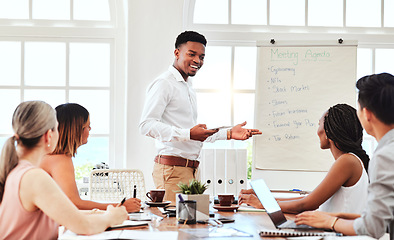 Image showing Business meeting, corporate management presentation and black man leader coaching team in modern office. Boardroom discussion, company mentor training and research or planning innovation seminar